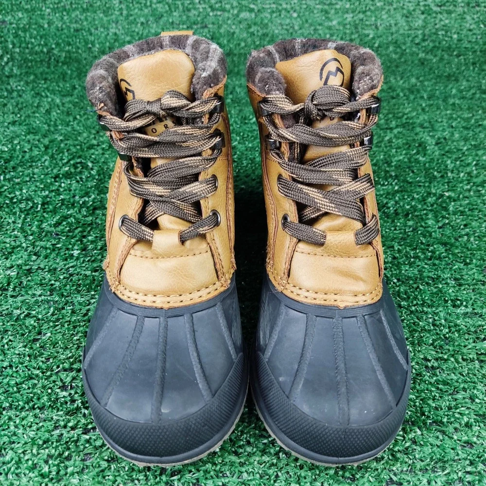 Magellan Duck Boots Boys 12D Tan Black Plaid Collar Lace Up Winter Rain Boots